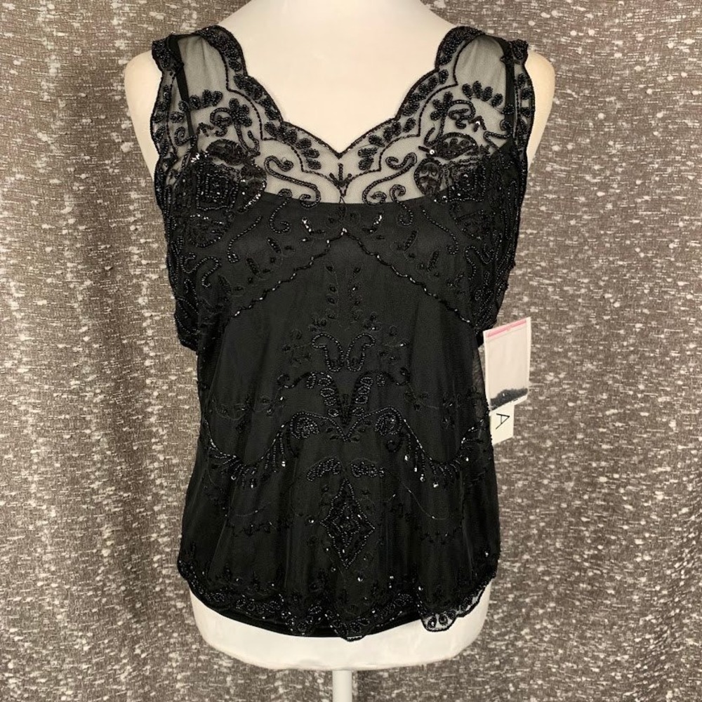 Scala Womens Large Black Silk Beaded Sequin Tank Top V-Neck Evening Blouse